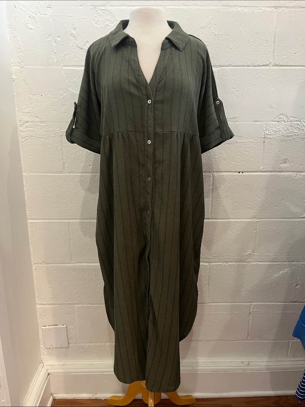 Very J Olive Green and Black Stripe Shirt Dress